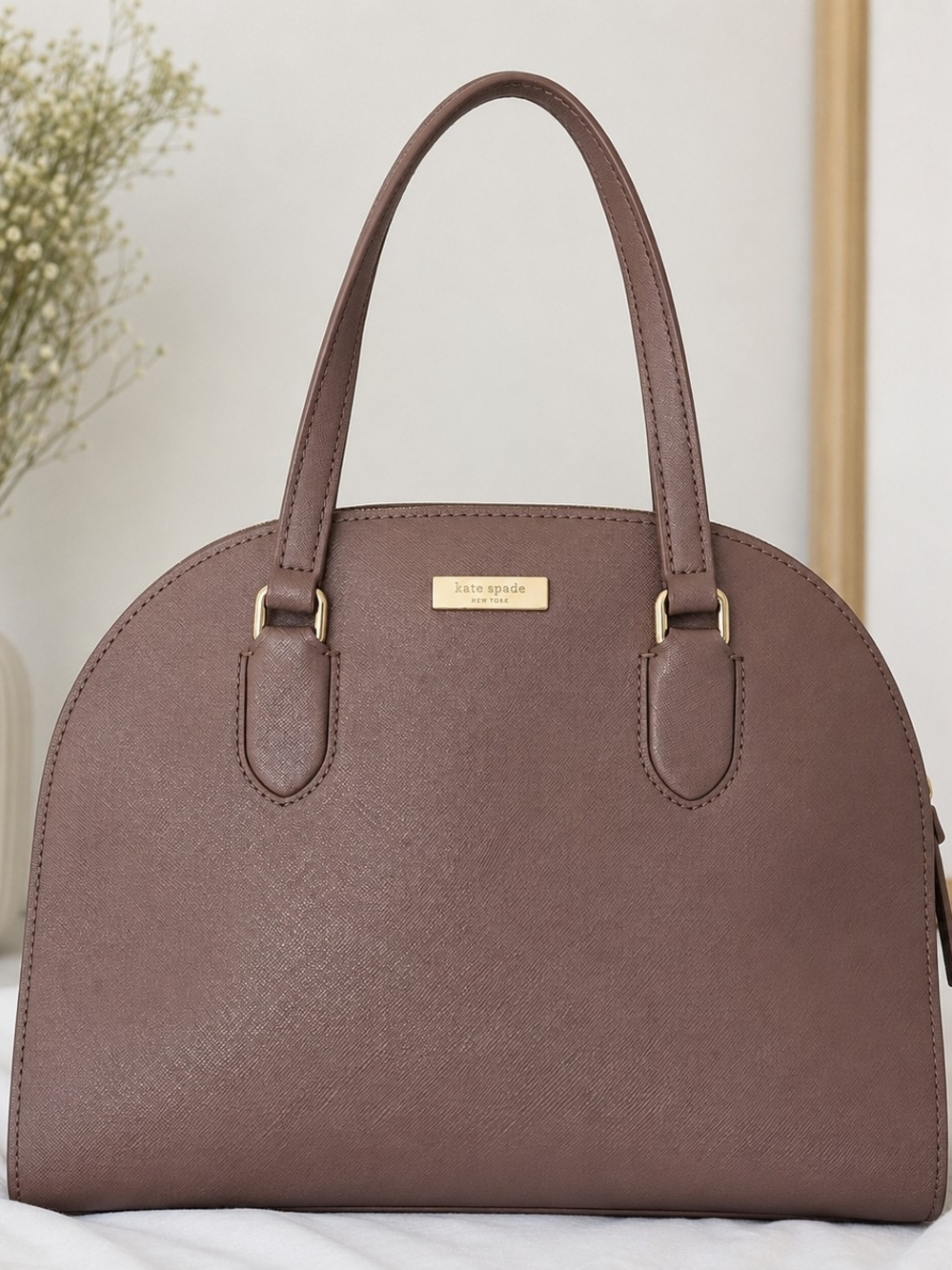 Kate Spade New York Genuine Leather Satchel Taupe, Mauve, Brown